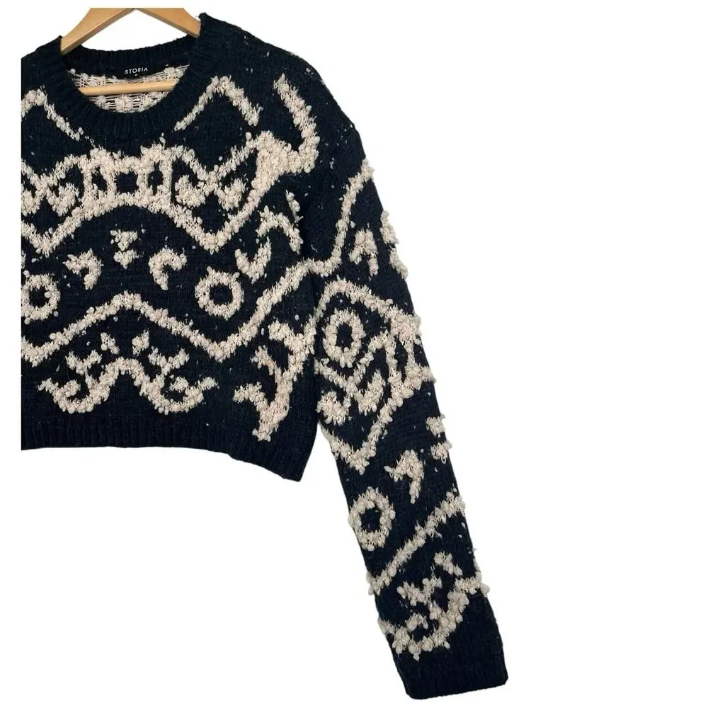STORIA Sweater Womens Medium Blue Mohair Wool Textured Knit Cropped Boho Cozy